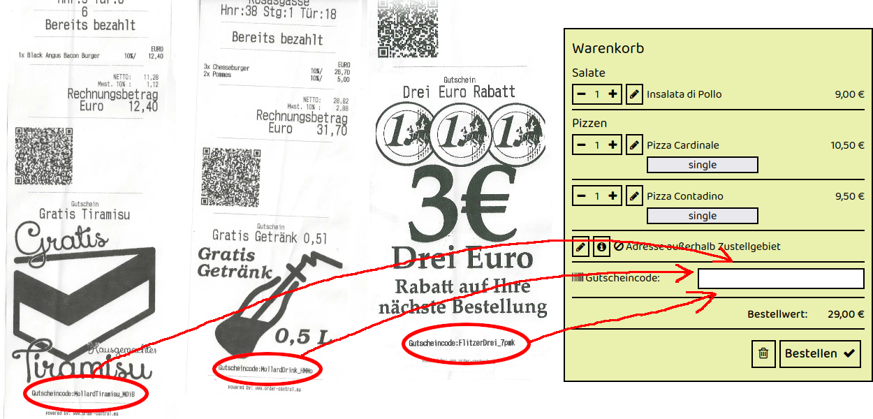 Beispiel für Gutscheincodes auf Rechnungszetteln von Pizza Werk in Günselsdorf Schenkermayerplatz 5 – drei Rechnungen mit individuellen Gutscheincodes, die im Online-Warenkorb des Restaurants eingegeben werden können.
