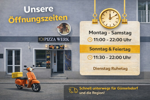 Öffnungszeiten der Pizzeria Pizza Werk in Günselsdorf mit Übersicht der täglichen Zeiten und Ruhetag