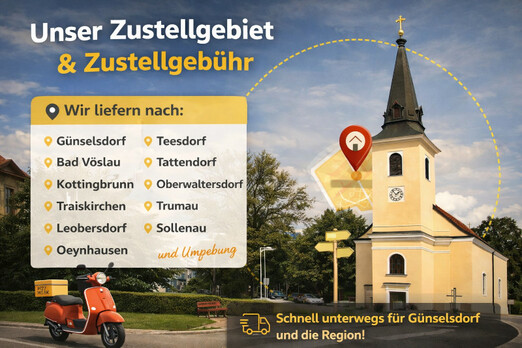 Zustellgebiet der Pizzeria Pizza Werk rund um Günselsdorf mit Übersicht der belieferten Orte in der Region